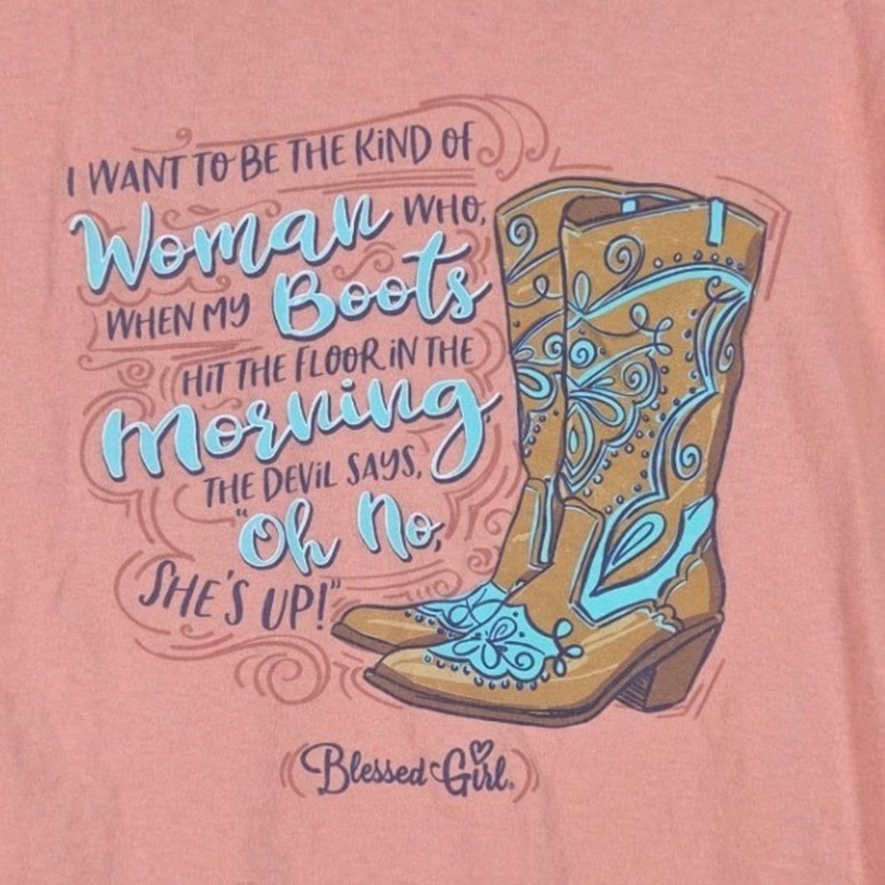 Blessed Girl Graphic Tee Women XL Coral Pink Cowboy Boots Western Shirt
